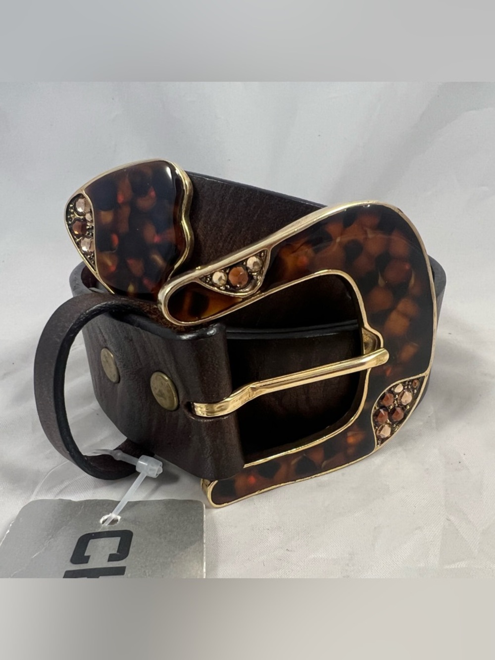 Chico's Jasmine Trouser Belt Cowhide Brown Leather Tortoiseshell Buckle Size S